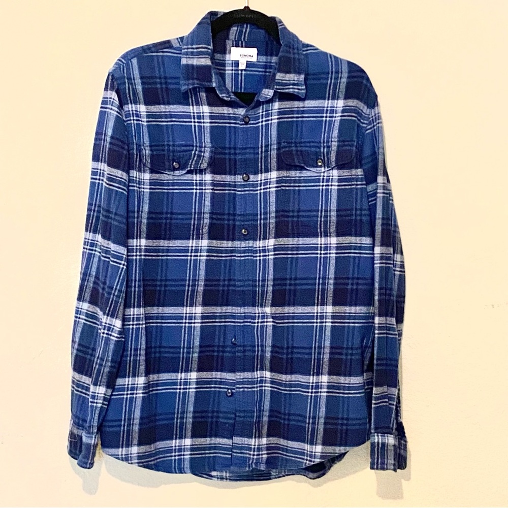 Sonoma Men's L Blue Plaid Cotton Flannel Button Up Long Sleeve Shirt